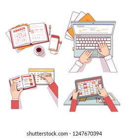 Accountant or entrepreneur counting, planning, doing bookkeeping using paper, notepad, calendar. Business man hand writing, pointing finger over chart documents. Flat linear vector illustration set