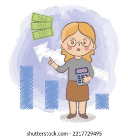 Accountant Girl. Accountant Child. Hand Drawn Financier Kid. Banking Concept. Career Day In Kindergarten. Future Profession. Colorful Isolated Vector Illustration For Kids. 