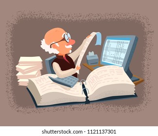 Accountant With Glasses Behind A Working Desk Surrounded By Files, Papers, Computer, Calculator. A Wise Old Man Is Reading, Looking At The Check. Vector Cartoon Style Illustration.