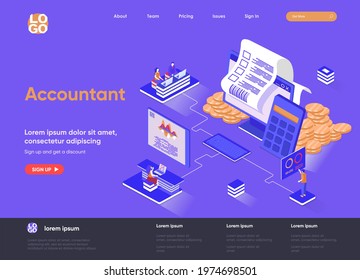 Accountant isometric landing page. Business accounting and financial statements, payment balance and taxes isometry web page. Website flat template, vector illustration with people characters.