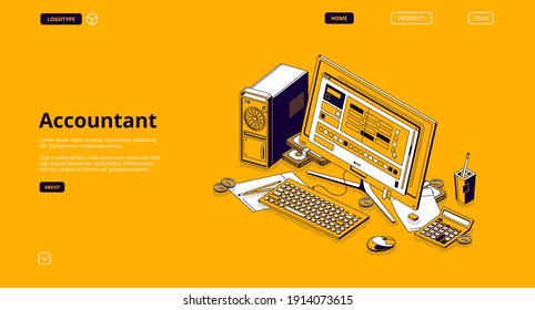 Accountant Isometric Landing Page. Monthly Recurring Revenue And Tax Calculation. Computer Desktop With Budget Or Payment Chart On Screen And Calculator. Earning Analysis 3d Vector Line Art Web Banner