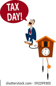 Accountant Jumping From A Cuckoo Clock, Reminding About Tax Day, EPS 8 Vector Illustration