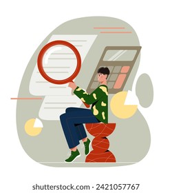 Accountant man concept. Young guy with magnifying glass near long bill. Financial literacy and passive income. Trader and investor. Cartoon flat vector illustration isolated on white background