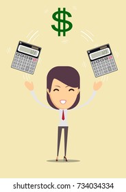 Accountant or manager enjoying her work, she shows the calculator to work and money. For use in presentations. Stock Vector illustration