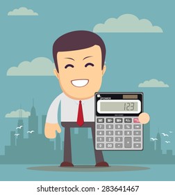 Accountant or manager shows the calculator to work, for use in presentations. Stock Vector illustration