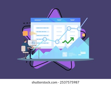 Contador gerenciando o orçamento na frente de um documento enorme com ilustração de vetor de gráfico. Desenho animado de homem fazendo relatório financeiro. Gestão orçamental, finanças, conceito de negócio