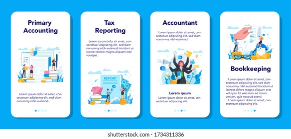 Accountant mobile application banner set. Professional bookkeeper. Concept of the tax calculating and financial analysis. Business character making financial operation. Vector illustration