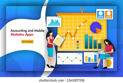accountant need statistics for bookkeeping. accounting firms have mobile statistics apps to manage data from a company. analysis includes tax, payroll, finance, income and data flow. Flat vector style