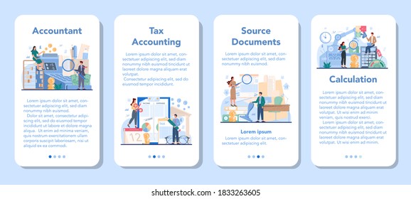 Juego de banners de aplicación móvil del gestor de oficinas de contabilidad. Tendero profesional. Concepto de cálculo y contabilidad tributaria. Operaciones financieras de creación de caracteres empresariales. Ilustración del vector