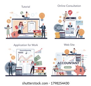 Accountant office manager online service or platform set. Concept of the tax calculating and financial analysis. Online consultation, tutorial, application, website. Vector illustration