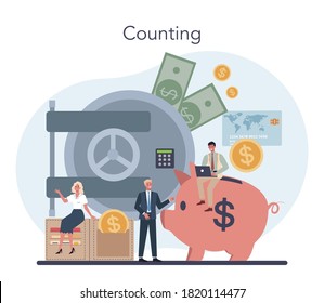 Accountant office manager. Professional bookkeeper. Concept of the tax calculating and financial analysis. Business character making financial operation. Vector illustration