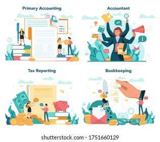 Accountant office manager set. Professional bookkeeper. Concept of the tax calculating and financial analysis. Business character making financial operation. Vector illustration