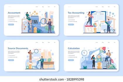 Accountant office manager web banner or landing page set. Professional bookkeeper. Concept of the tax calculating and accounting. Business character making financial operation. Vector illustration