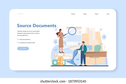 Accountant office manager web banner or landing page. Professional bookkeeper. Concept of the tax calculating and accounting. Business character making financial operation. Vector illustration