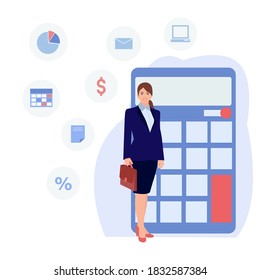Accountant office manager.Professional bookkeeper.
Business Woman.Business character making financial operation. Vector illustration