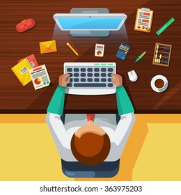 Accountant office work place with computer calculator and old fashioned bead count top view flat poster vector illustration 