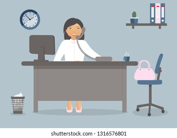 Accountant or office worker on the working place in the office on blue background.Vector illustration. Table,clock,cup of coffee,pink bag,chair, telephone. Perfect for advertising,sites,magazines