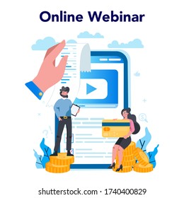 Accountant online service or platform. Professional bookkeeper webinar. Concept of the tax calculating and financial analysis. Vector illustration