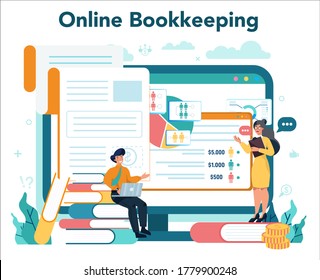 Accountant online service or platform. Professional bookkeeper website. Concept of the tax calculating and financial analysis. Vector illustration