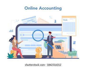 Accountant online service or platform. Professional bookkeeper. Concept of the tax calculating and accounting. Online accounting. Vector illustration