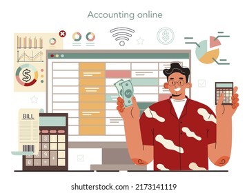 Accountant online service or platform. Professional bookkeeper. Tax calculating and financial analysis. Online accounting. Vector illustration