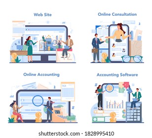 Accountant online service or platform set. Professional bookkeeper. Concept of the tax calculating and accounting. Online consultation, accounting, software, website. Vector illustration