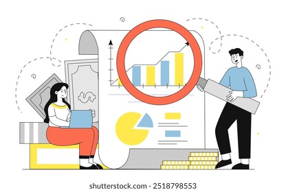 Buchhalter mit Grafiken. Frau und Mann mit Lupe analysieren Charts. Finanzkompetenz und Einkommen- und Kostenbewertung. Lineare Vektorgrafik einzeln auf weißem Hintergrund