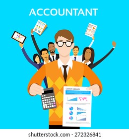 Accountant People Group Team Show Calculator Finance Graph Report Paper Document Flat Vector Illustration