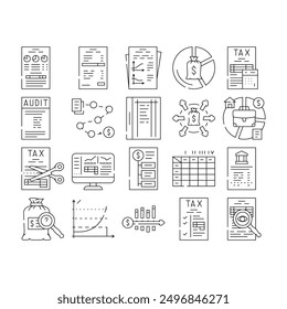 accountant professional tax icons set vector. business office, desk woman, computer invoice, finance document, female, budget accountant professional tax black contour illustrations