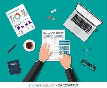 Accountant with report and a calculator checks money balance. Financial reports statement and documents. Accounting, bookkeeping, audit debit and credit calculations. Vector illustration in flat style