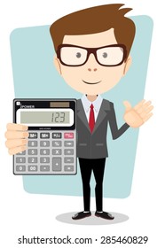 Accountant shows the calculator to work. Stock Vector Illustration. Isolated on white background