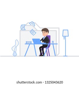 The accountant sorts the documents into a folder, a business man sits in the office and works behind a laptop, a businessman's work day, storage of documentation, a character in a cartoon style.