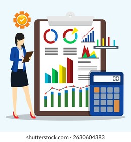 Contador de pé na grande área de transferência com gráficos e diagrama de crescimento de negócios. Conceito de análise de dados de investimento e análise de documentos, auditoria financeira e análise financeira.