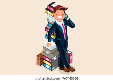 Accountant stands next to a overloaded paper pile of folders and talking by phone. Businessman flat vector illustration