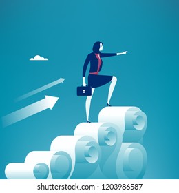 Accountant stands on the top of paper mountain and points forward