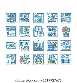 accountant tax office doodle icons set vector. professional desk, woman business, computer invoice, budget account, finance, work accountant tax office sketch hand drawn