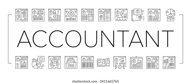 accountant tax office icons set vector. professional desk, woman business, computer invoice, budget account, finance, work accountant tax office black line illustrations