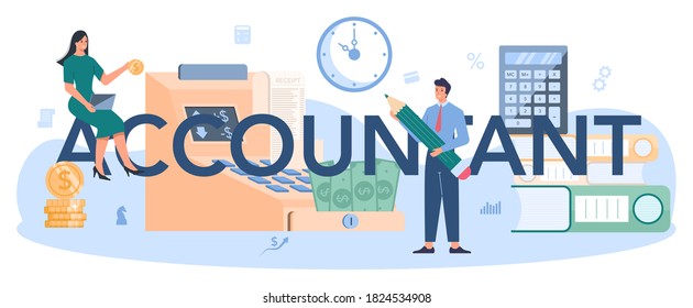 Accountant typographic header. Professional bookkeeper. Concept of the tax calculating and accounting. Business character making financial operation. Vector illustration