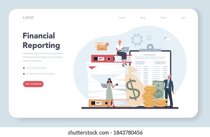 Accountant web banner or landing page. Professional bookkeeper. Concept of the tax calculating and financial reporting. Business character making financial operation. Vector illustration