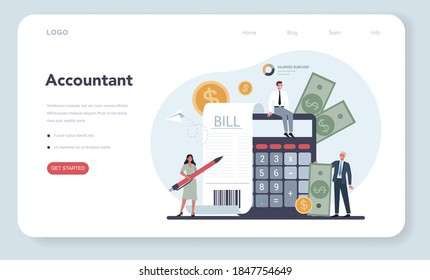 Accountant web banner or landing page. Professional bookkeeper. Concept of the tax calculating and financial analysis. Business character making financial operation. Vector illustration