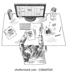 Accountant work place tools with woman sitting on table top view sketch vector illustration