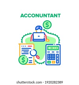 Accountant Work Vector Icon Concept. Accountant Worker Using Calculator For For Calculate Finance Money Income And Expense, Researching Financial Report And Tax List Color Illustration