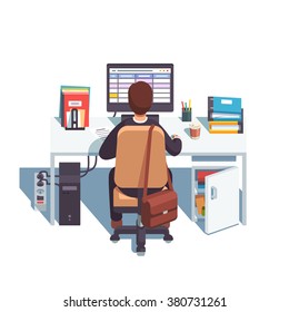 Accountant working in sheets application or planning his day in calendar. Flat style modern vector illustration.