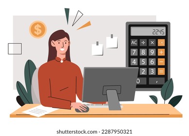 Accountant at workplace. Woman sits at computer with calculator. Girl evaluates income and expenses. Financial literacy and passive income. Office worker with finance. Cartoon flat vector illustration