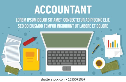 Accountant workspace concept banner. Flat illustration of accountant workspace vector concept banner for web design