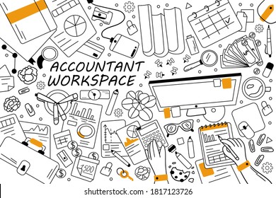 Accountant Workspace Doodle Set. Collection Of Hand Drawn Sketches Templates Patterns Of Finance Business Accounting Working Equipment. Financial Occupation Data Analysis And Roi And Money Growth.