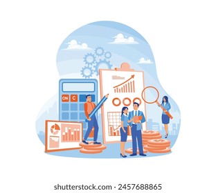 Accountants analyze financial charts and data. Calculate debits and credits. Accounting concepts. Flat vector illustration.