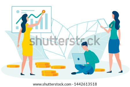 Accountants Cooperation Flat Vector Illustration. Finance Experts, Brokers, Financiers Analysing Market Growth Rates Cartoon Characters. Woman Tracing Increasing Diagrams. Man Working on Laptop