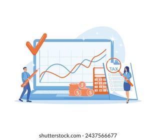 Wirtschaftsprüfer und Finanzberater analysieren die Unternehmensfinanzen. Berechnen Sie Einkommen und Steuern, die bezahlt werden müssen. Steuerprüfungskonzept. Flache Vektordarstellung.