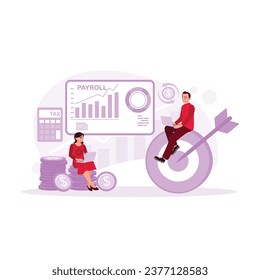 Los contables y directivos utilizan computadoras portátiles para calcular los salarios de los empleados de oficina. Concepto de nómina. Ilustración plana vectorial moderna de tendencia